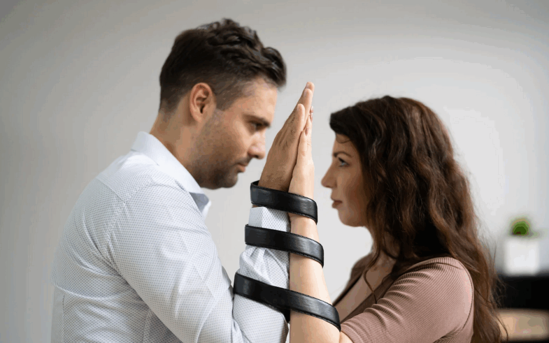 mann und frau sehen sich in die augen, ihre Arme sind aneinander gebunden - Kontrolle, Fürsorge, Selbstaufgabe